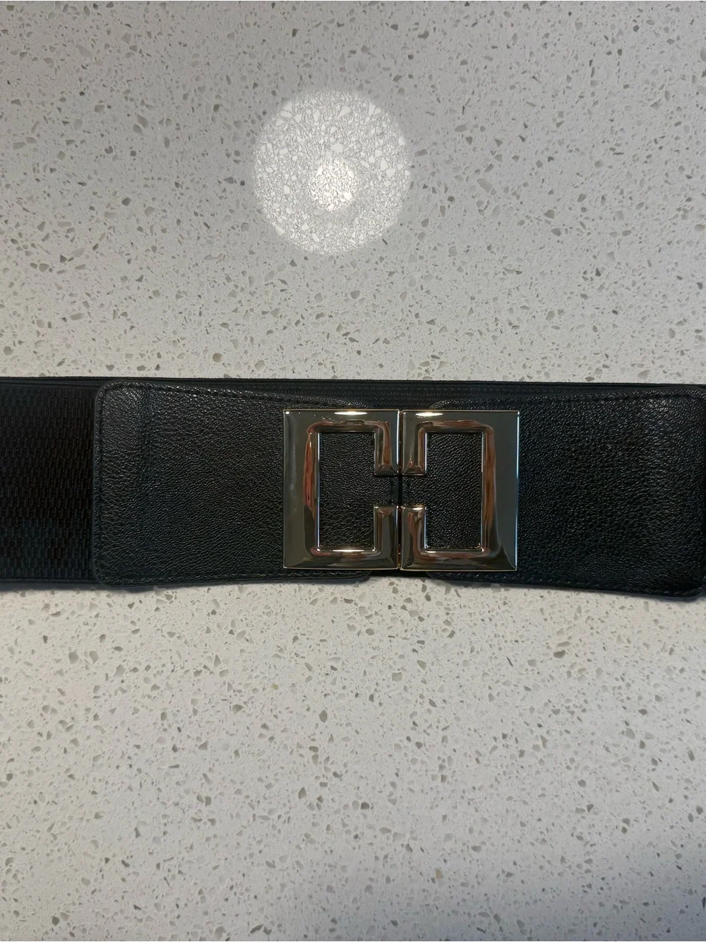 Black Women’s Wide Leather Belt with Gold Geometric Buckle